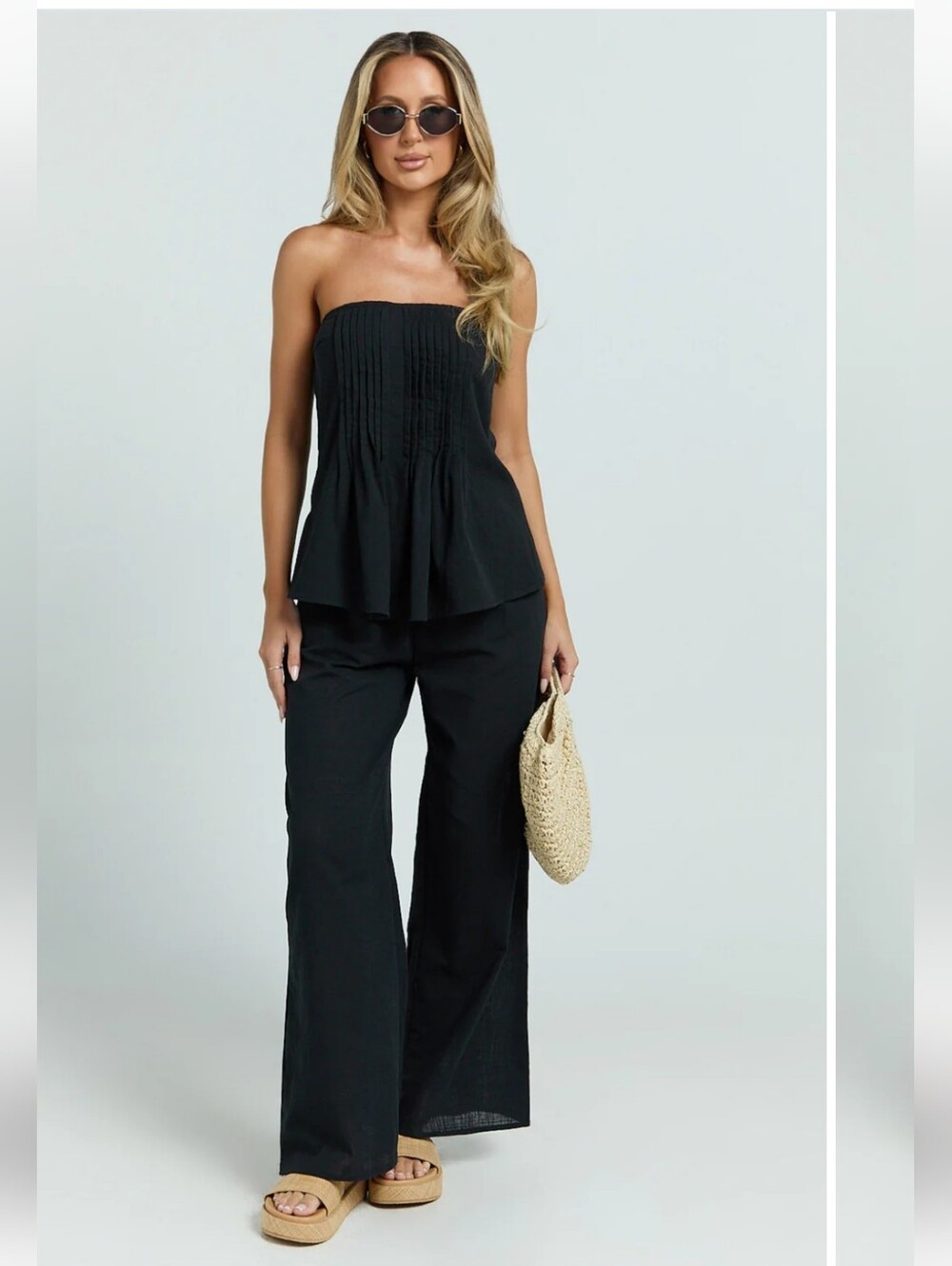 Showpo Carli Two Pc Top & Pants Set Black Wide-Leg Size L NEW